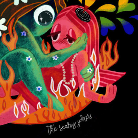 a crop of the album cover for burn pygmalion, centering jeanine. jeanine is a pink woman laying on the floor.