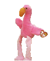 a gif of a pink flamingo beanie baby kicking its legs in the air